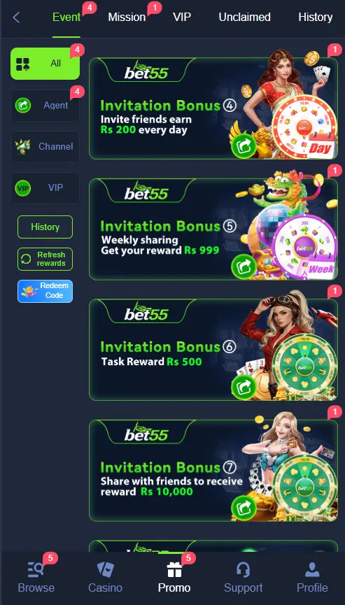 Bet55 Game promotion screen with invitation bonus and weekly rewards