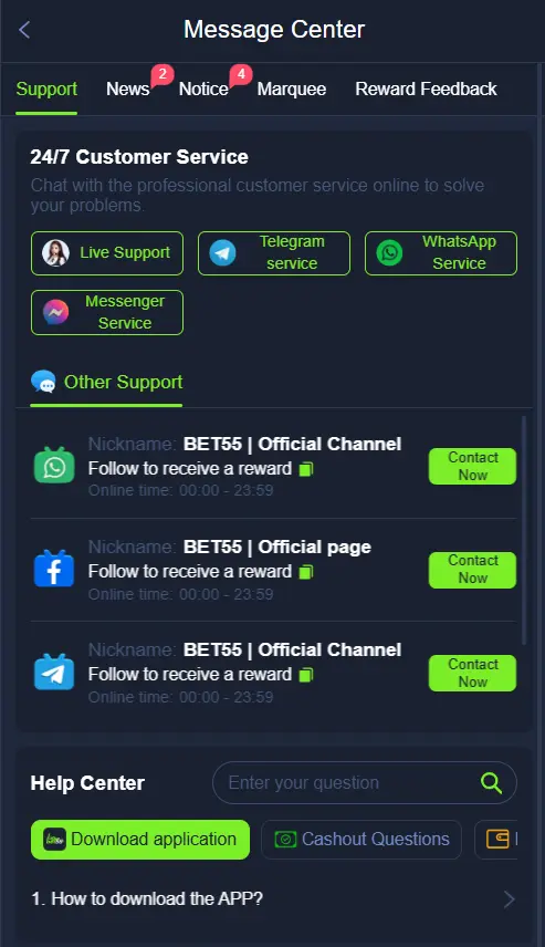 Bet55 Game support centre showing live chat, WhatsApp and Telegram service