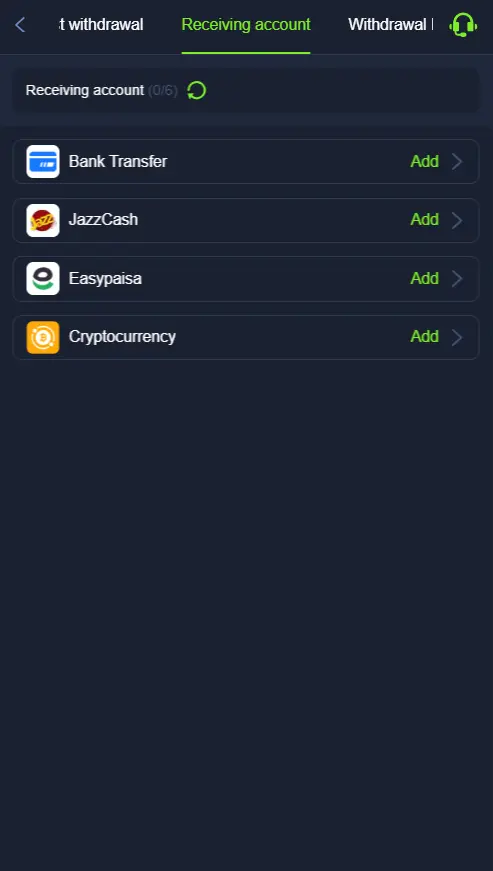 Bet55 Game withdrawal receiving account options including bank, JazzCash and Easypaisa